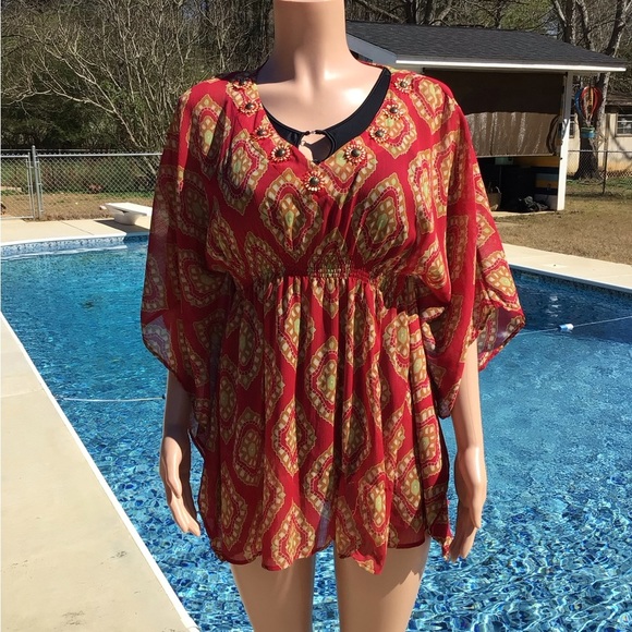 New York & Company Womens Red Semi-sheer Kimono Swimsuit Cover up Size Medium - Picture 1 of 6